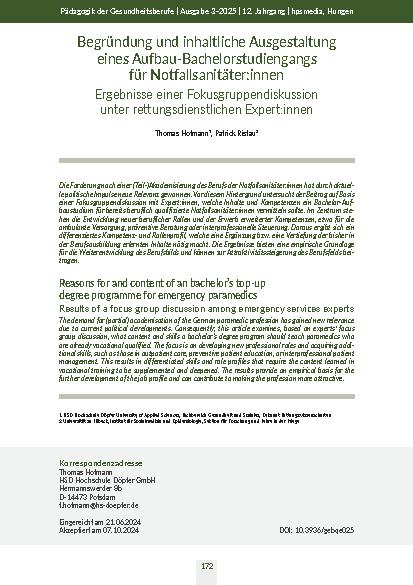 Begründung und inhaltliche Ausgestaltung eines Aufbau-Bachelorstudiengangs für Notfallsanitäter: innen Ergebnisse einer Fokusgruppendiskussion unter rettungsdienstlichen Expert: innen