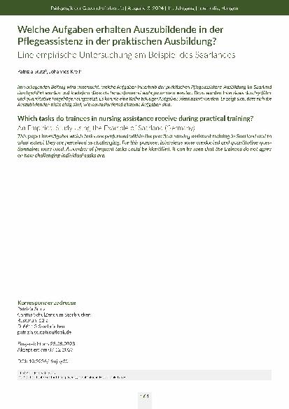 Welche Aufgaben erhalten Auszubildende in der Pflegeassistenz in der praktischen Ausbildung? Eine empirische Untersuchung am Beispiel des Saarlandes.