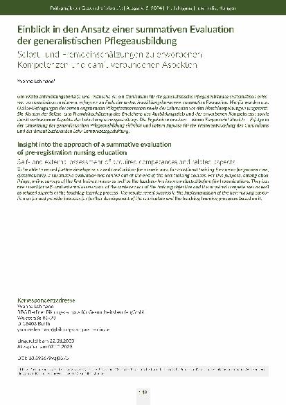 Einblick in den Ansatz einer summativen Evaluation der generalistischen Pflegeausbildung: Selbstund Fremdeinschätzungen zu erworbenen Kompetenzen und damit verbundenen Aspekten.
