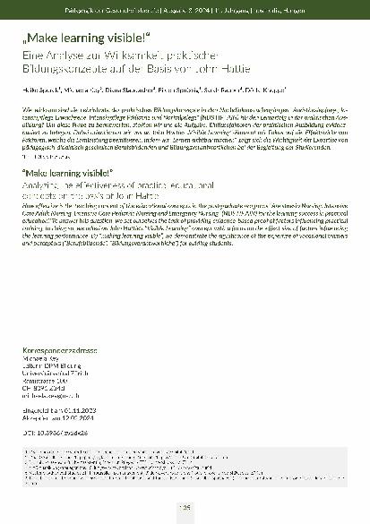 "Make learning visible!" Eine Analyse zur Wirksamkeit praktischer Bildungskonzepte auf der Basis von John Hattie
