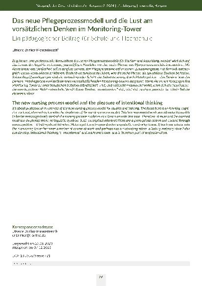 Das neue Pflegeprozessmodell und die Lust am vorsätzlichen Denken im Monitoring-Tower Ein pädagogischer Beitrag für Schule und Hochschule