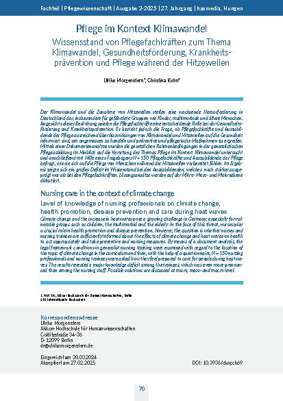 [doc_332644] Pflege im Kontext Klimawandel Wissensstand von Pflegefachkräften zum Thema Klimawandel, Gesundheitsförderung, Krankheitsprävention und Pflege während der Hitzewellen