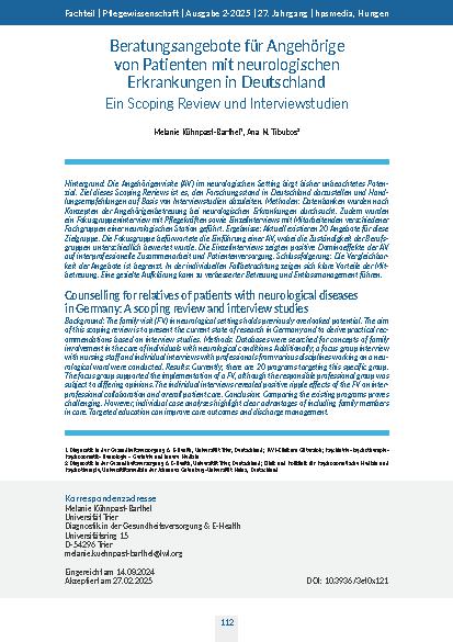 [doc_332641] Beratungsangebote für Angehörige von Patienten mit neurologischen Erkrankungen in Deutschland Ein Scoping Review und Interviewstudien