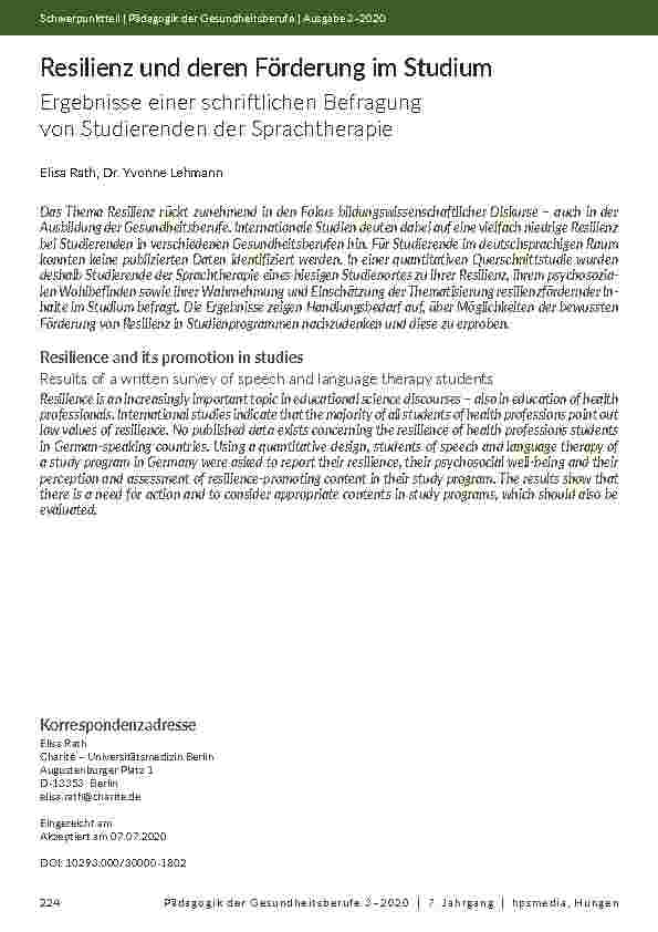 Resilienz und deren Förderung im Studium: Ergebnisse einer schriftlichen Befragung von Studierenden der Sprachtherapie
