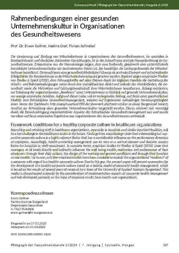 Rahmenbedingungen einer gesunden Unternehmenskultur in Organisationen des Gesundheitswesens