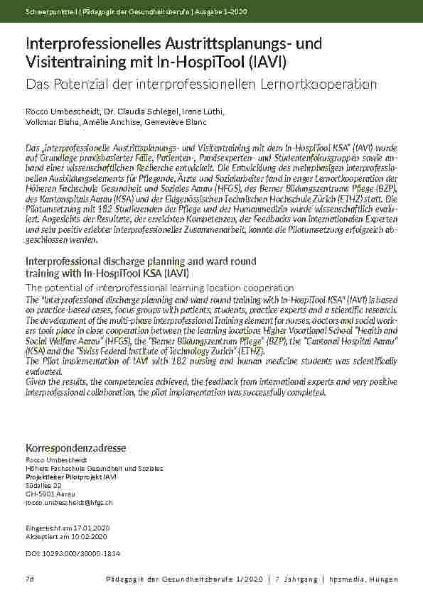 Interprofessionelles Austrittsplanungsund Visitentraining mit In-HospiTool (IAVI). Das Potenzial der interprofessionellen Lernortkooperation.