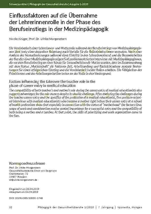 Einflussfaktoren auf die Übernahme der Lehrerinnenrolle in der Phase des Berufseinstiegs in der Medizinpädagogik