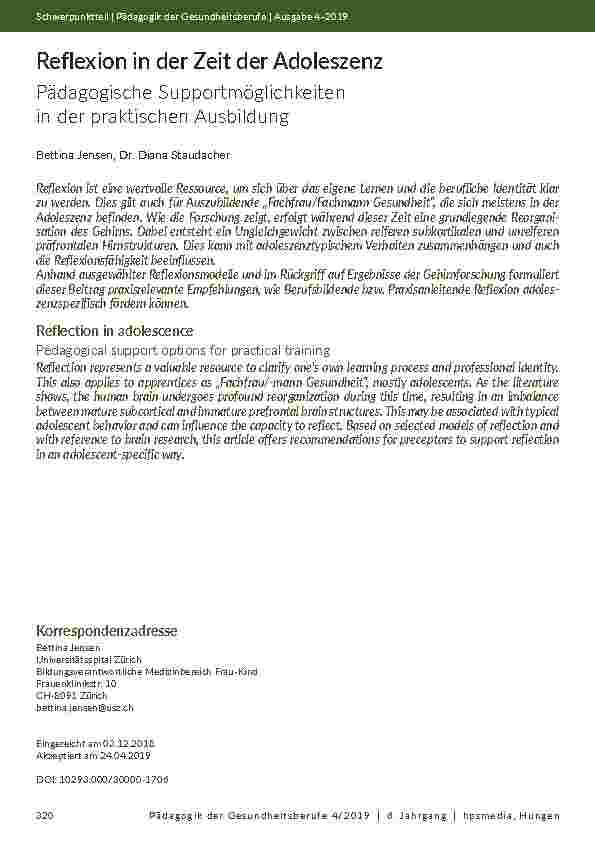Reflexion in der Zeit der Adoleszenz. Pädagogische Supportmöglichkeiten in der praktischen Ausbildung