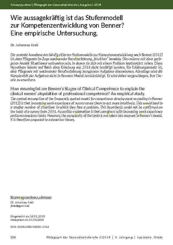 Wie aussagekräftig ist das Stufenmodell zur Kompetenzentwicklung von Benner? Eine empirische Untersuchung.