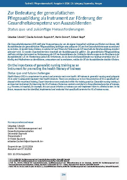 [doc_322816] Zur Bedeutung der generalistischen Pflegeausbildung als Instrument zur Förderung der Gesundheitskompetenz von Auszubildenden