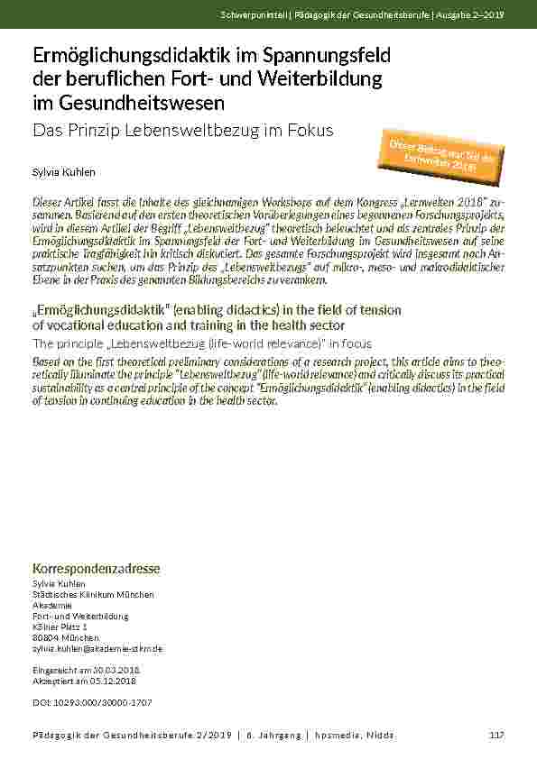 Ermöglichungsdidaktik im Spannungsfeld der beruflichen Fortund Weiterbildung im Gesundheitswesen. Das Prinzip Lebensweltbezug im Fokus