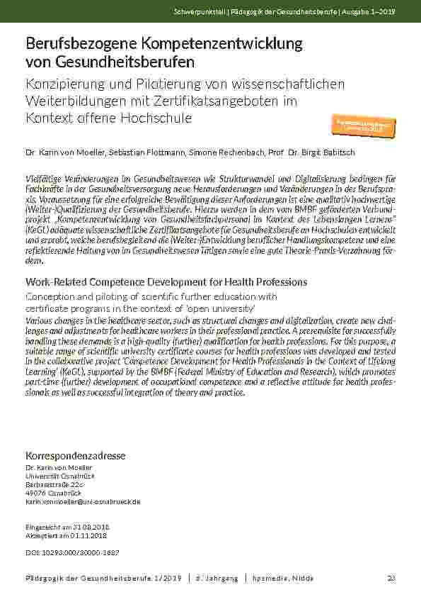 Berufsbezogene Kompetenzentwicklung von Gesundheitsberufen. Konzipierung und Pilotierung von wissenschaftlichen Weiterbildungen mit Zertifikatsangeboten im Kontext offene Hochschule