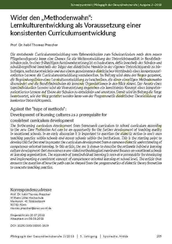 Wider den „Methodenwahn“: Lernkulturentwicklung als Voraussetzung einer konsistenten Curriculumsentwicklung