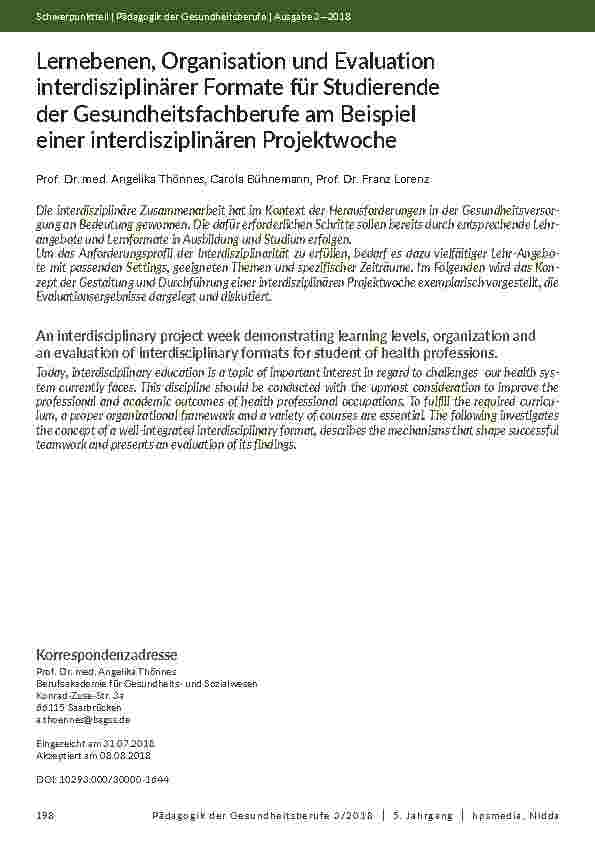 Lernebenen, Organisation und Evaluation interdisziplinärer Formate für Studierende der Gesundheitsfachberufe am Beispiel einer interdisziplinären Projektwoche