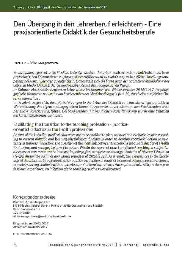 Den Übergang in den Lehrerberuf erleichtern - Eine praxisorientierte Didaktik der Gesundheitsberufe