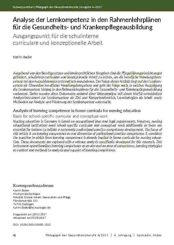 Analyse der Lernkompetenz in den Rahmenlehrplänen für die Gesundheitsund Krankenpflegeausbildung. Ausgangspunkt für die schulinterne curriculare und konzeptionelle Arbeit