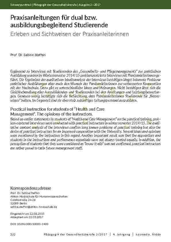 Praxisanleitungen für dual bzw. ausbildungsbegleitend Studierende. Erleben und Sichtweisen der Praxisanleiterinnen