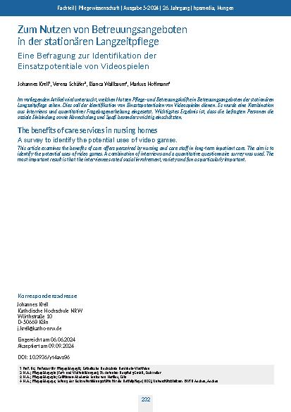 [doc_321806] Zum Nutzen von Betreuungsangeboten in der stationären Langzeitpflege: Eine Befragung zur Identifikation der Einsatzpotenziale von Videospielen