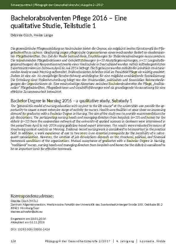 Bachelorabsolventen Pflege 2016 – Eine qualitative Studie, Teilstudie 1