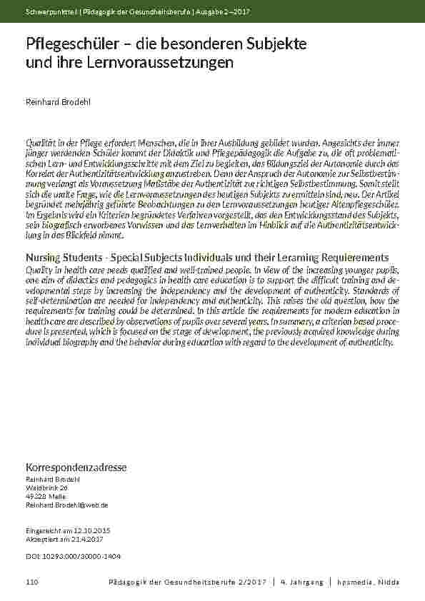 Pflegeschüler – die besonderen Subjekte und ihre Lernvoraussetzungen