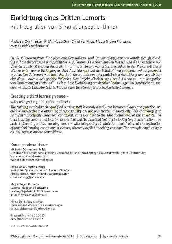 Einrichtung eines Dritten Lernorts – mit Integration von SimulationspatientInnen