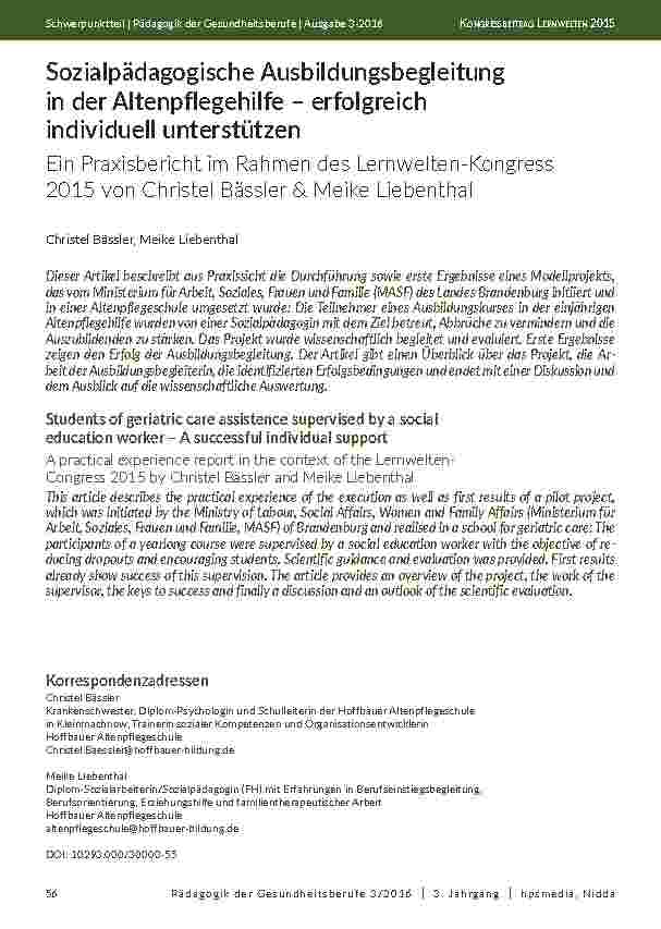 Sozialpädagogische Ausbildungsbegleitung in der Altenpflegehilfe – erfolgreich individuell unterstützen. Ein Praxisbericht im Rahmen des Lernwelten-Kongress 2015 von Christel Bässler & Meike Liebenthal