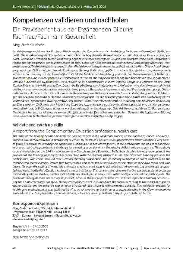 Kompetenzen validieren und nachholen. Ein Praxisbericht aus der Ergänzenden Bildung Fachfrau/Fachmann Gesundheit