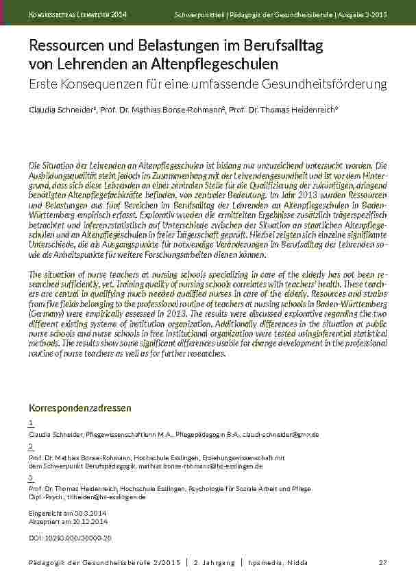 Ressourcen und Belastungen im Berufsalltag von Lehrenden an Altenpflegeschulen - Erste Konsequenzen für eine umfassende Gesundheitsförderung