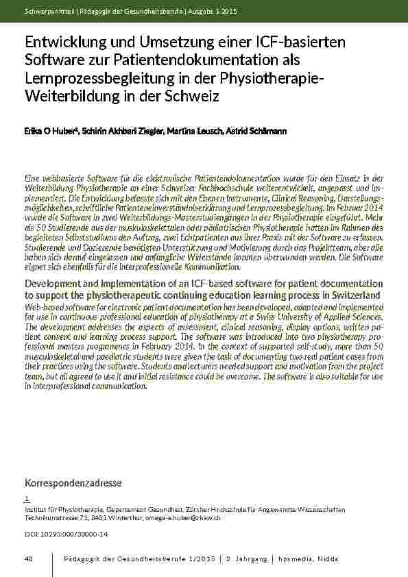Entwicklung und Umsetzung einer ICF-basierten Software zur Patientendokumentation als Lernprozessbegleitung in der Physiotherapie- Weiterbildung in der Schweiz