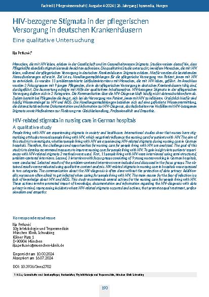 [doc_319731] HIV-bezogene Stigmata in der pflegerischen Versorgung in deutschen Krankenhäusern: Eine qualitative Untersuchung