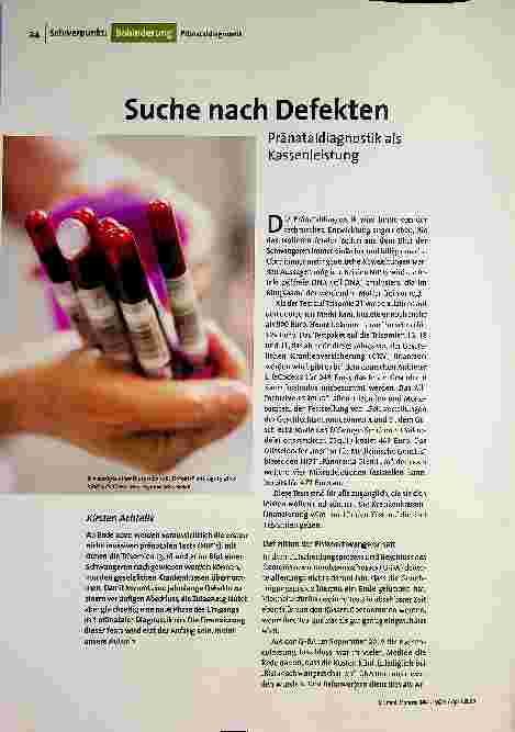 Suche nach Defekten Die Analyse einer Blutprobe soll „Defekte" am werdenden Kind aufspüren. Foto: Keystone Schweiz/Iliaf Kirsten Achtelik Ab Ende 2020 werden voraussichtlich die ersten nicht-invasiven pränatalen Tests (NIPTs), mit denen die Trisomien 13, 18 und 21 im Blut einer Schwangeren nachgewiesen werden können, von den gesetzlichen Krankenkassen übernommen. Damit kommt eine jahrelange Debatte zu einem vorläufigen Abschluss, die Zulassung läutet aber gleichzeitig eine neue Phase des Umgangs mit pränataler Diagnostik ein. Die Finanzierung dieser Tests wird erst der Anfang sein, meint unsere Autorin. Pränataldiagnostik als Kassenleistung