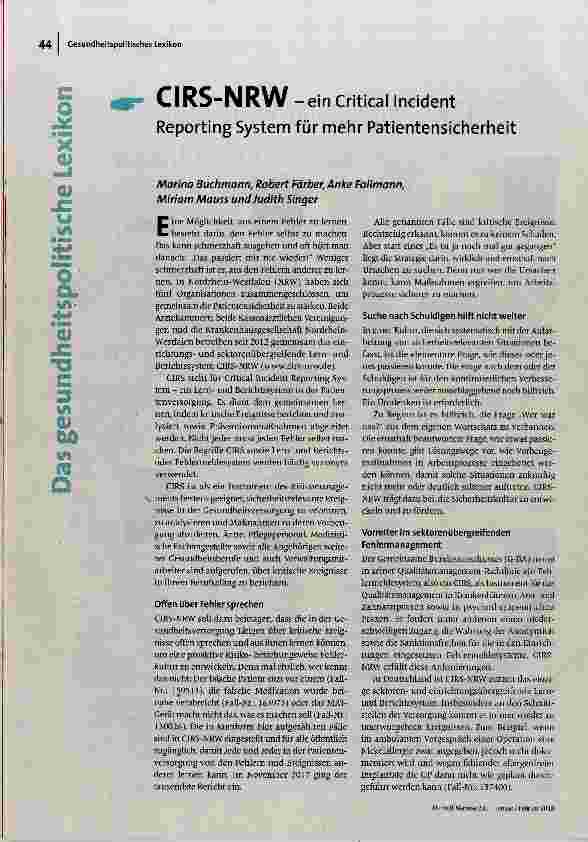 CIRS-NRW -ein Critical Incident Reporting System für mehr Patientensicherheit