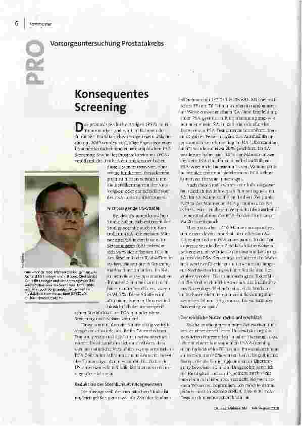 Vorsorgeuntersuchung Prostatakrebs Konsequentes Screening Hohe Hürde für PSA-Test