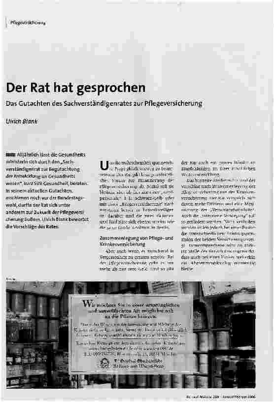 Der Rat hat gesprochenDas Gutachten des Sachverständigenrates zur Pflegeversicherung