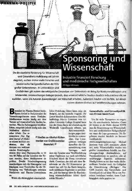 Sponsoring und Wissenschaft Industrie finanziert Forschung und medizinische Fachgesellschaften