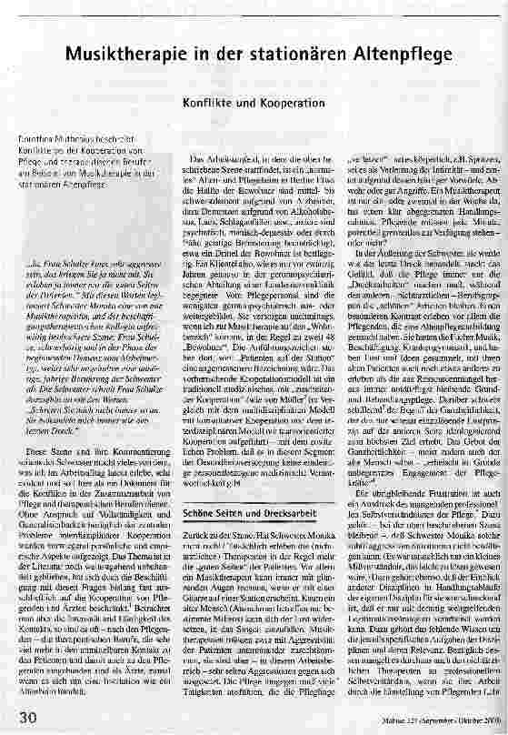 Musiktherapie in der stationären Altenpflege Konflikte und Kooperation