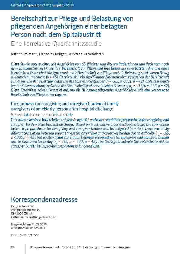 Bereitschaft zur Pflege und Belastung von pflegenden Angehörigen einer betagten Person nach dem Spitalaustritt. Eine korrelative Querschnittsstudie.