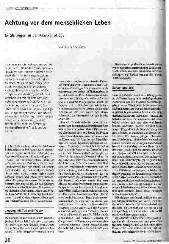 Achtung vor dem menschlichen Leben Erfahrungen in der Krankenpflege