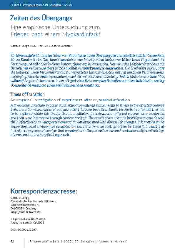 Zeiten des Übergangs. Eine empirische Untersuchung zum Erleben nach einem Myokardinfarkt.
