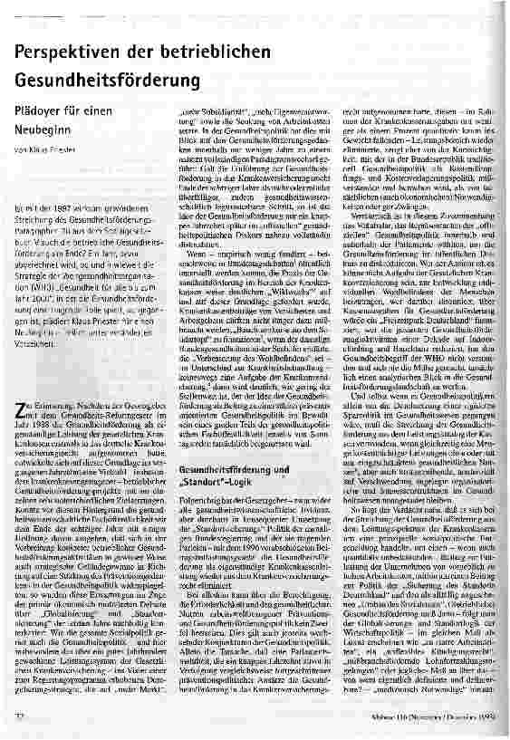 Perspektiven der betrieblichen Gesundheitsförderung Plädoyer für einen Neubeginn