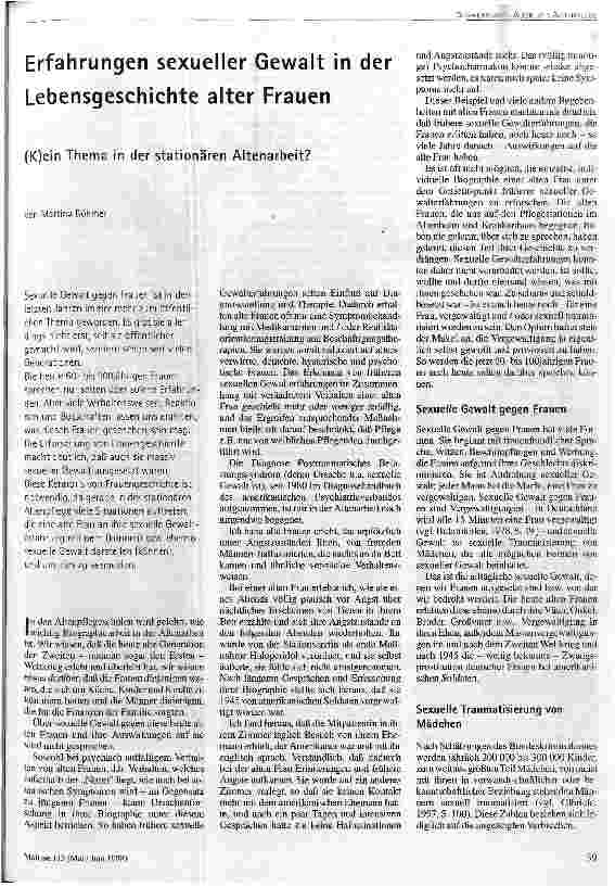 Erfahrungen sexueller Gewalt in der Lebensgeschichte alter Frauen (K)ein Thema in der stationären Altenarbeit?