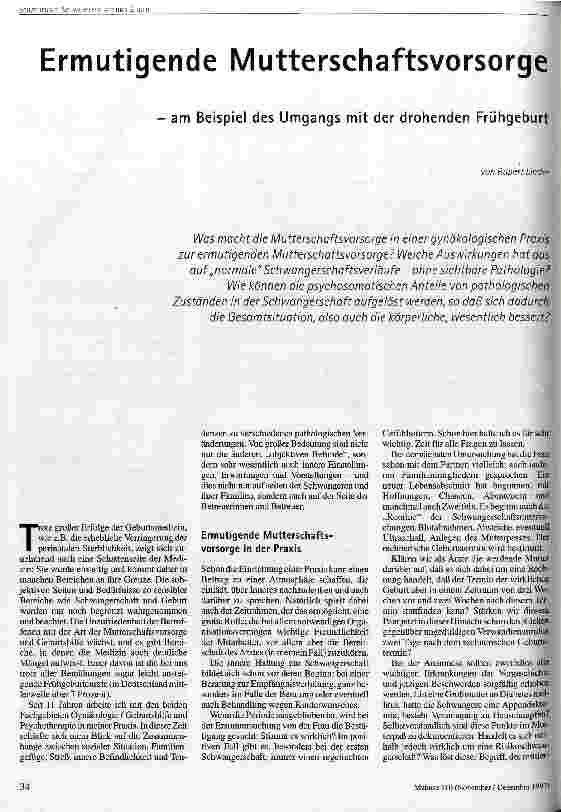 Ermutigende Mutterschaftsvorsorge - am Beispiel des Umgangs mit der drohenden Frühgeburt