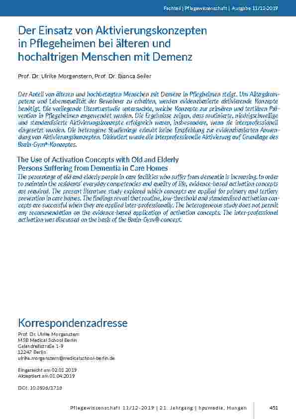 Der Einsatz von Aktivierungskonzepten in Pflegeheimen bei älteren und hochaltrigen Menschen mit Demenz