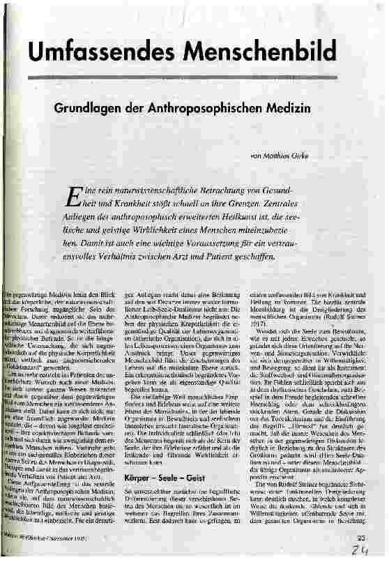 Umfassendes Menschenbild Grundlagen der Anthroposiphischen Medizin