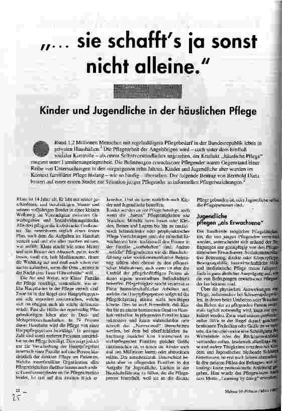 ... sie schaffts ja sonst nicht alleine. Kinder und Jugendliche in der häuslichen Pflege
