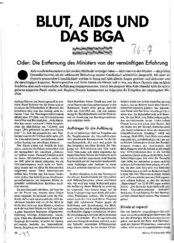 Blut, Aids und das BGA Oder: Die Entfernung des Ministers von der vernünftigen Erfahrung