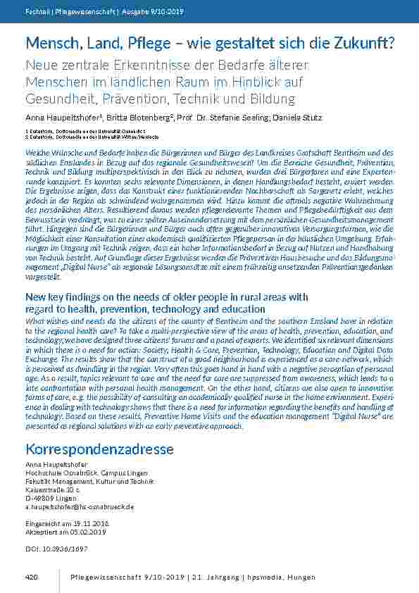 Mensch, Land, Pflege – wie gestaltet sich die Zukunft? Neue zentrale Erkenntnisse der Bedarfe älterer Menschen im ländlichen Raum im Hinblick auf Gesundheit, Prävention, Technik und Bildung