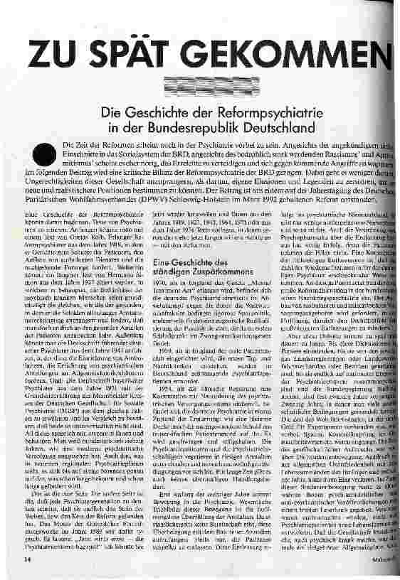 Zu spät gekommen Die Geschichte der Reformpsychiatrie in der BRD