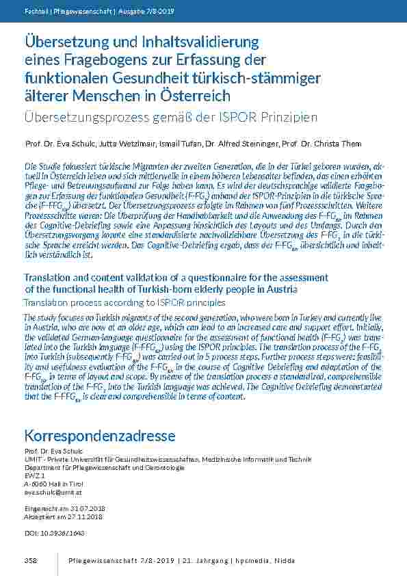 Übersetzung und Inhaltsvalidierung eines Fragebogens zur Erfassung der funktionalen Gesundheit türkisch-stämmiger älterer Menschen in Österreich Übersetzungsprozess gemäß der ISPOR Prinzipien