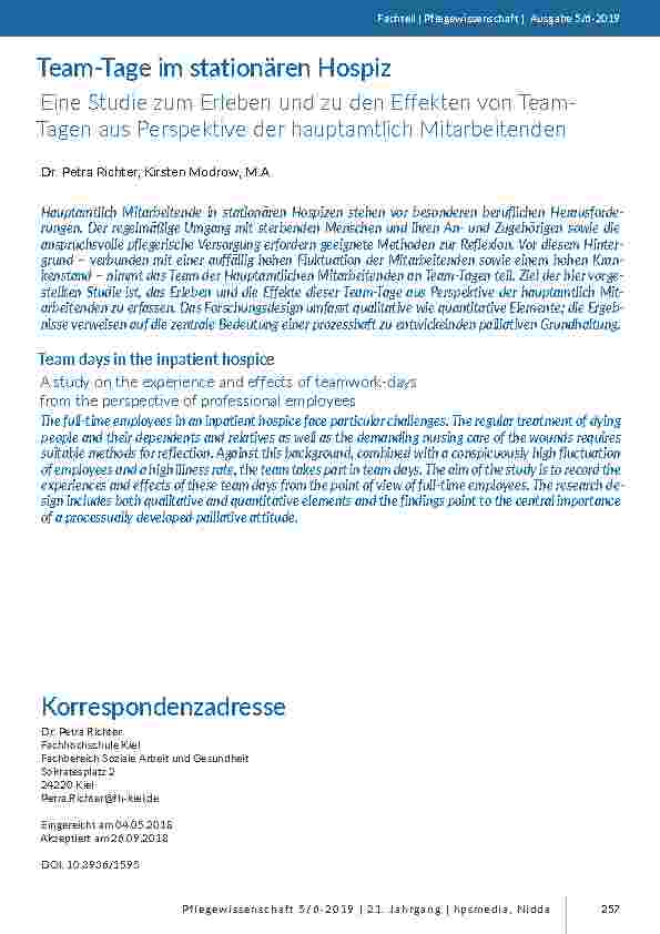 Team-Tage im stationären Hospiz. Eine Studie zum Erleben und zu den Effekten von Team-Tagen aus Perspektive der hauptamtlich Mitarbeitenden